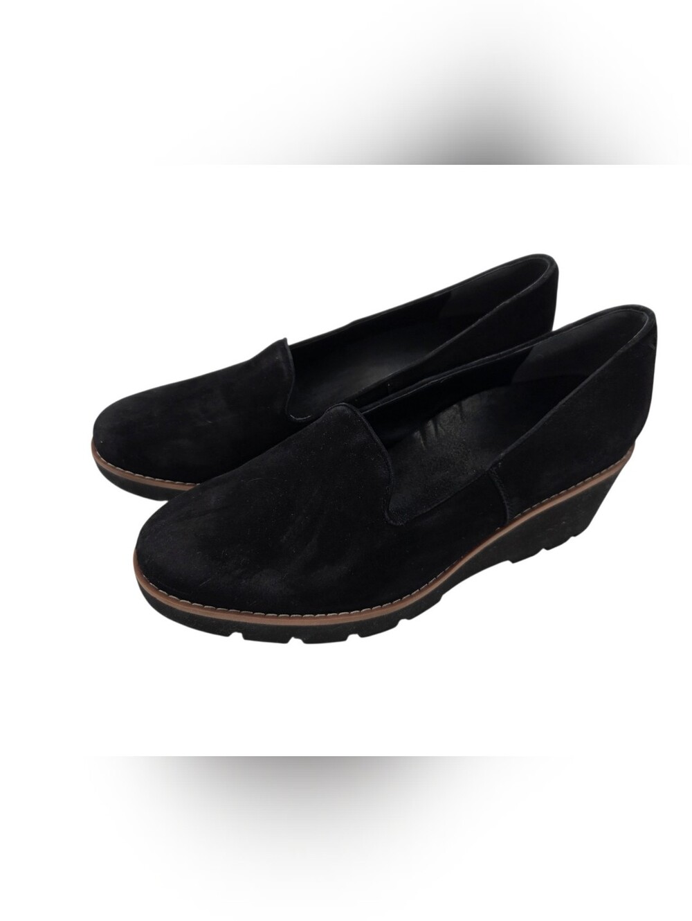 Vionic Black Suede Willa Wedge Loafers Slip-On Shoes Size 10